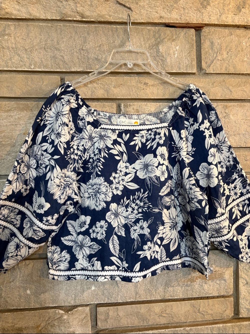 C&C California Navy & White Floral Off-Shoulder Top